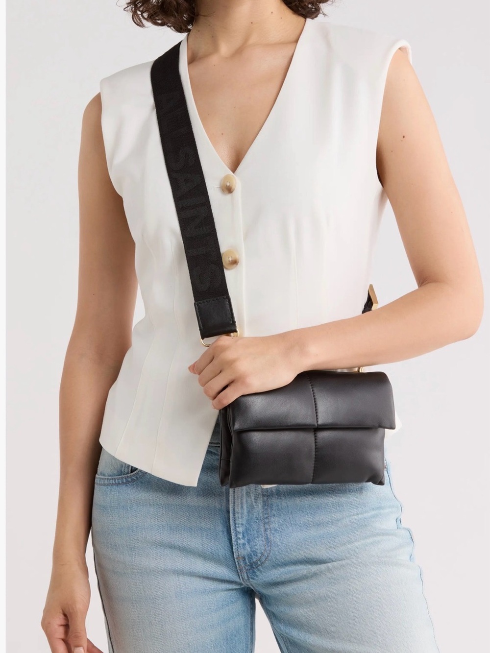 All Saints Ezra Black Padded Crossbody Wallet with Branded Strap